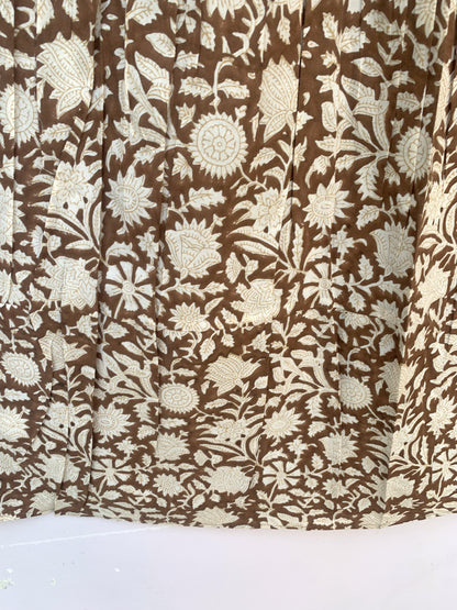 Brown White Floral Block Print Cotton Smocked Dress – Handcrafted Boho Midi Sundress – Free Shipping