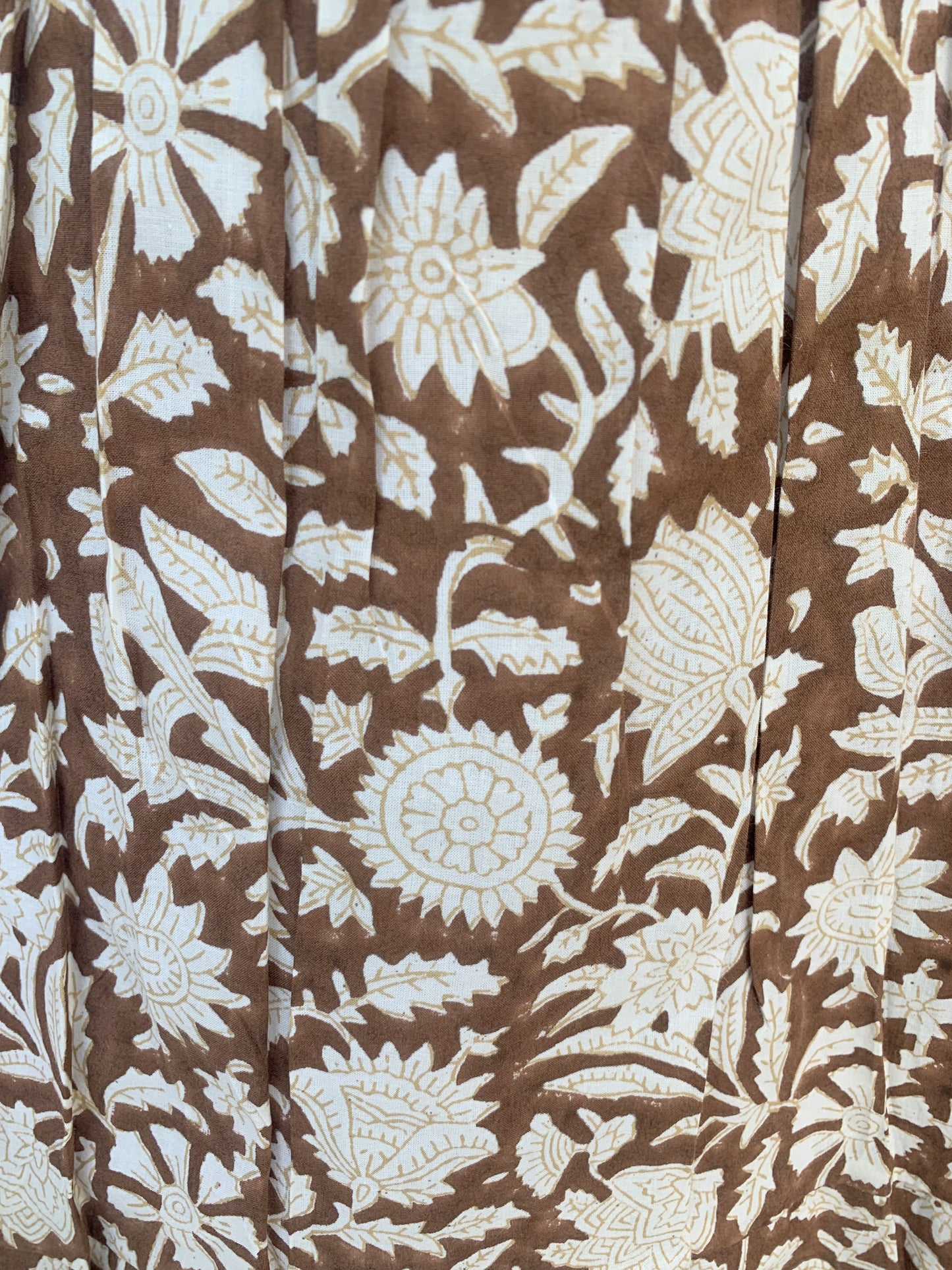 Brown White Floral Block Print Cotton Smocked Dress – Handcrafted Boho Midi Sundress – Free Shipping