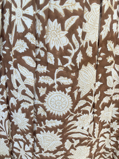 Brown White Floral Block Print Cotton Smocked Dress – Handcrafted Boho Midi Sundress – Free Shipping