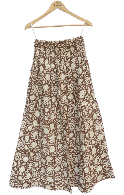 Brown White Floral Block Print Cotton Smocked Dress – Handcrafted Boho Midi Sundress – Free Shipping