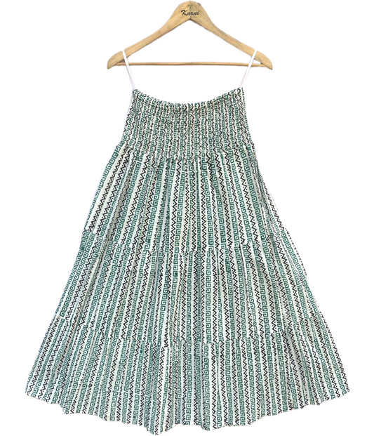 Green White Geometric Block Print Cotton Smocked Dress – Handcrafted Boho Midi Sundress – Free Shipping