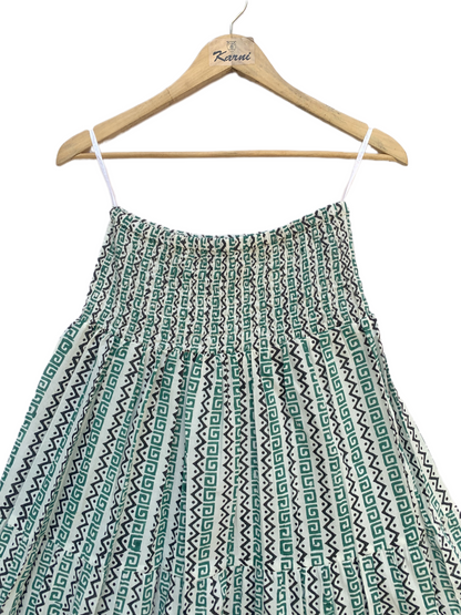 Green White Geometric Block Print Cotton Smocked Dress – Handcrafted Boho Midi Sundress – Free Shipping