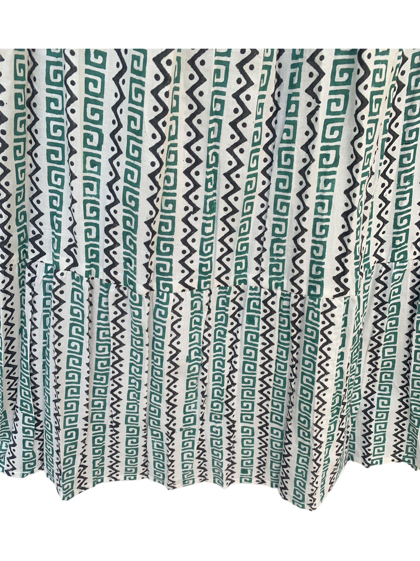 Green White Geometric Block Print Cotton Smocked Dress – Handcrafted Boho Midi Sundress – Free Shipping