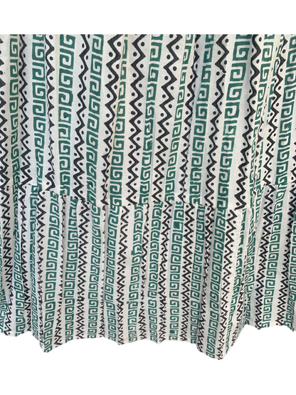 Green White Geometric Block Print Cotton Smocked Dress – Handcrafted Boho Midi Sundress – Free Shipping