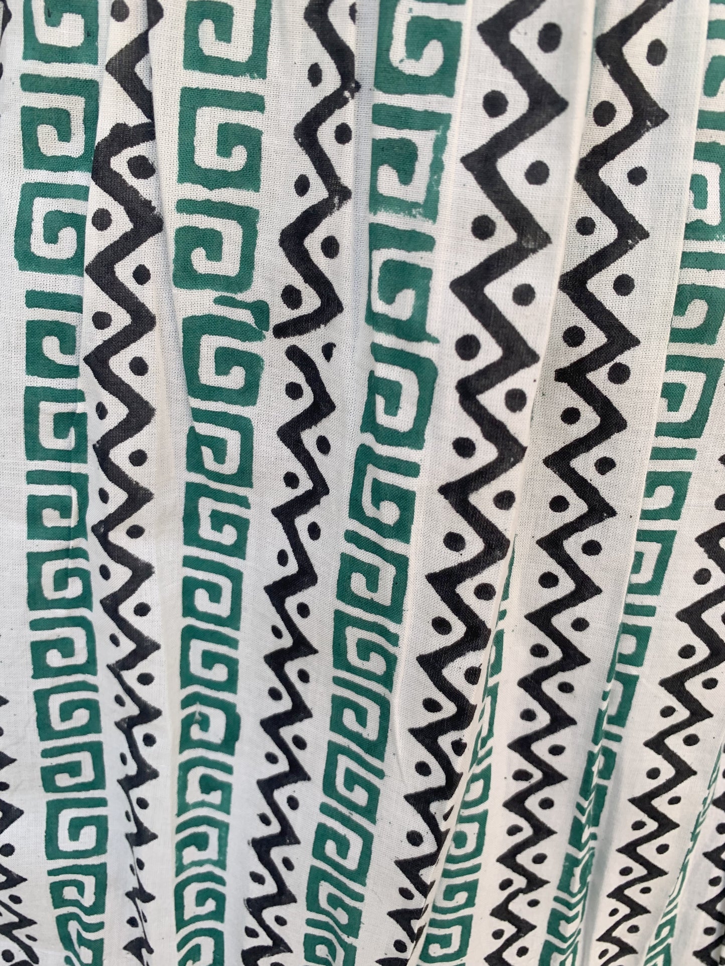 Green White Geometric Block Print Cotton Smocked Dress – Handcrafted Boho Midi Sundress – Free Shipping