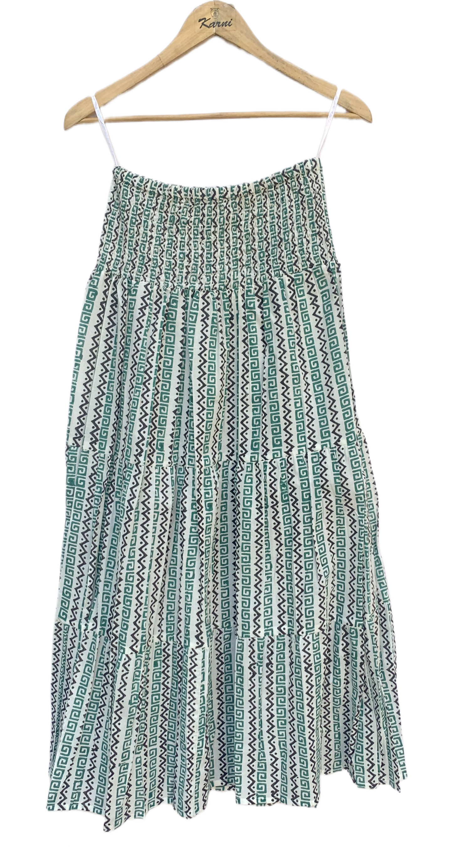 Green White Geometric Block Print Cotton Smocked Dress – Handcrafted Boho Midi Sundress – Free Shipping