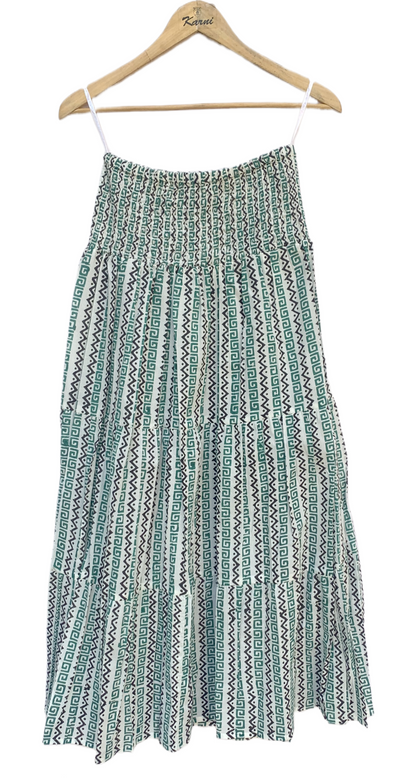 Green White Geometric Block Print Cotton Smocked Dress – Handcrafted Boho Midi Sundress – Free Shipping