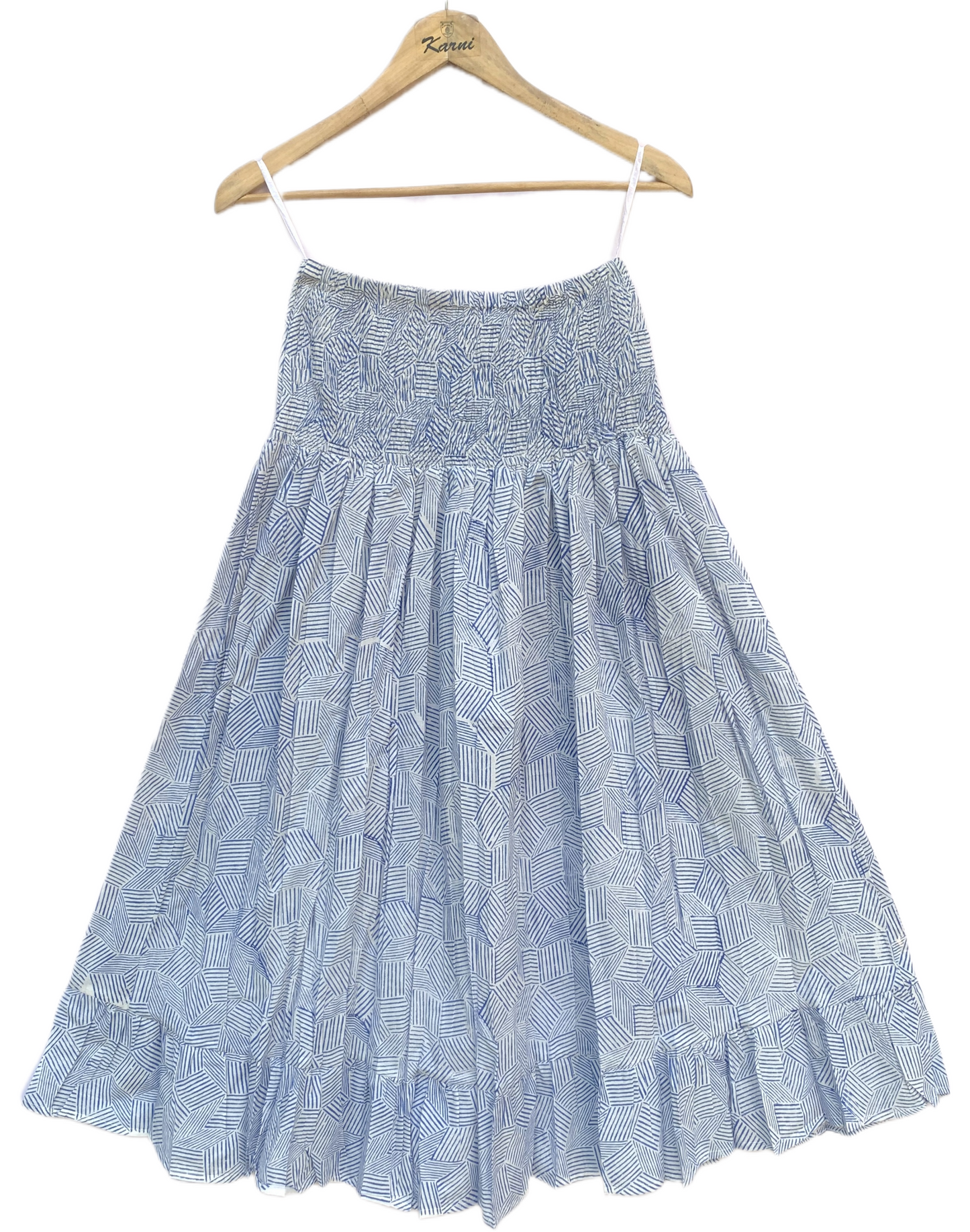 Blue White Geometric Block Print Cotton Smocked Dress – Handcrafted Boho Midi Sundress – Free Shipping
