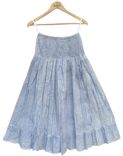 Blue White Geometric Block Print Cotton Smocked Dress – Handcrafted Boho Midi Sundress – Free Shipping