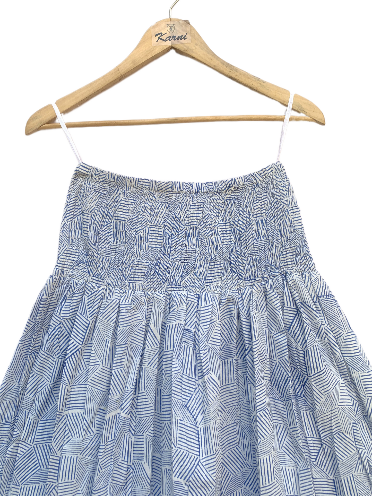 Blue White Geometric Block Print Cotton Smocked Dress – Handcrafted Boho Midi Sundress – Free Shipping