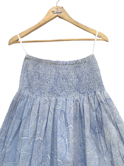 Blue White Geometric Block Print Cotton Smocked Dress – Handcrafted Boho Midi Sundress – Free Shipping