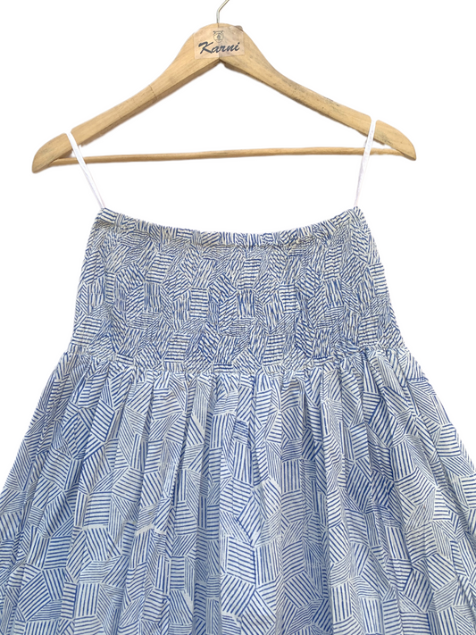 Blue White Geometric Block Print Cotton Smocked Dress – Handcrafted Boho Midi Sundress – Free Shipping