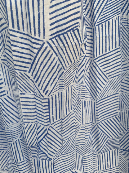 Blue White Geometric Block Print Cotton Smocked Dress – Handcrafted Boho Midi Sundress – Free Shipping