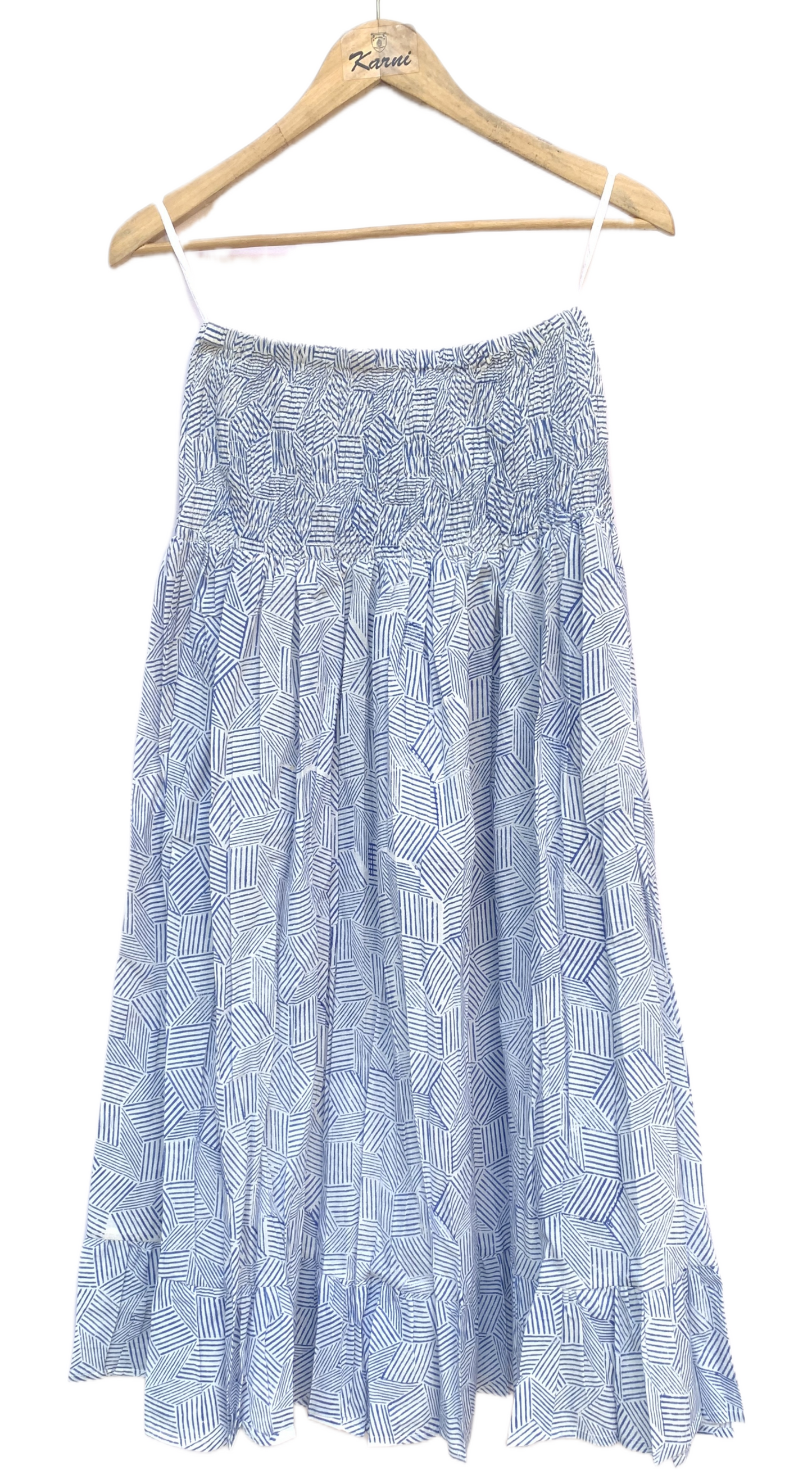 Blue White Geometric Block Print Cotton Smocked Dress – Handcrafted Boho Midi Sundress – Free Shipping