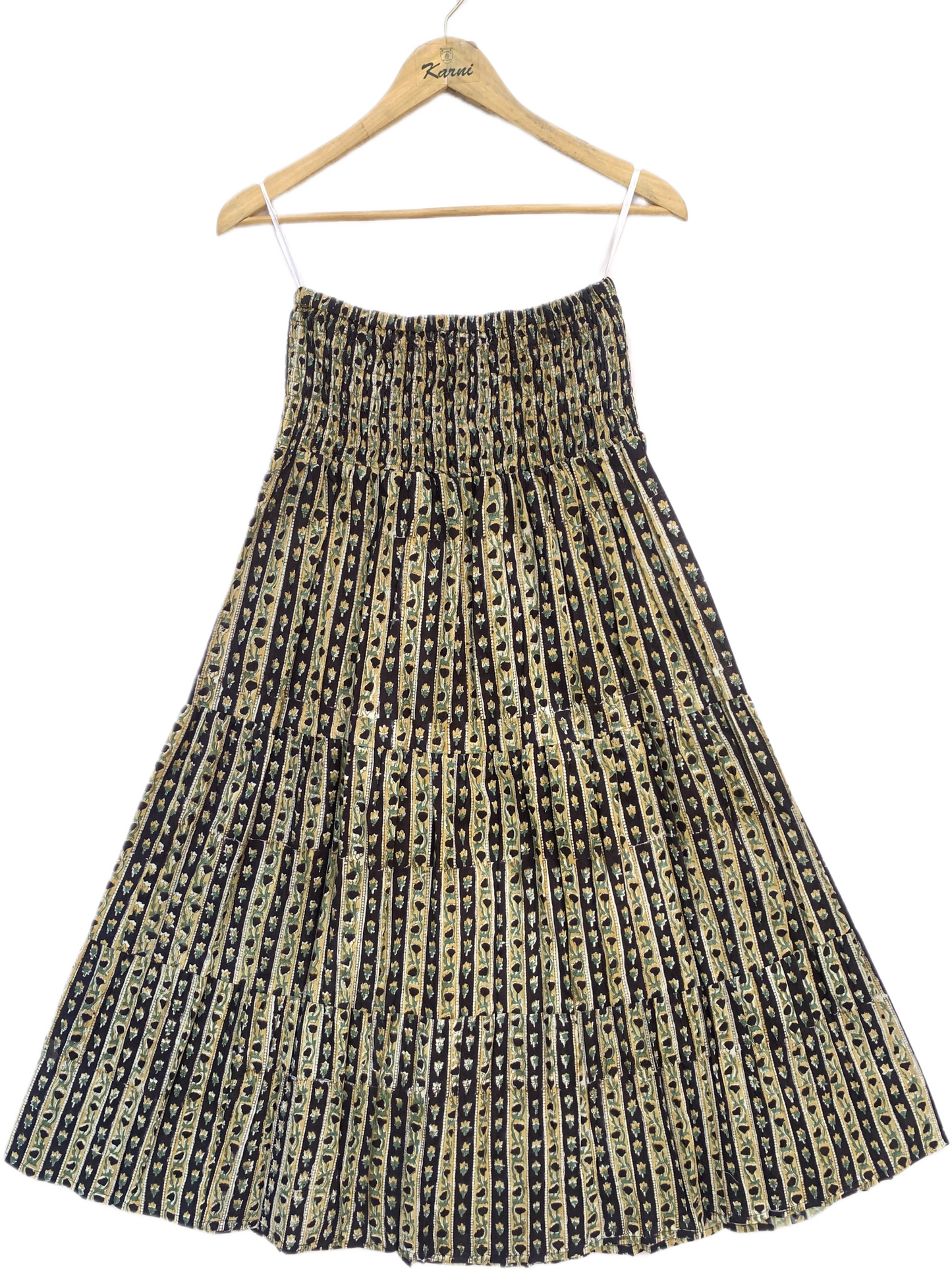 Black Gold Floral Block Print Cotton Smocked Dress – Handcrafted Boho Midi Sundress – Free Shipping