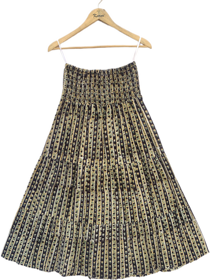 Black Gold Floral Block Print Cotton Smocked Dress – Handcrafted Boho Midi Sundress – Free Shipping