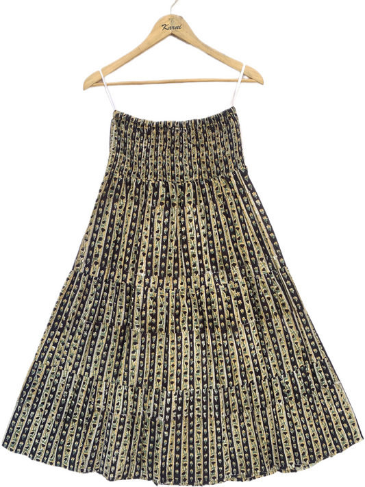 Black Gold Floral Block Print Cotton Smocked Dress – Handcrafted Boho Midi Sundress – Free Shipping