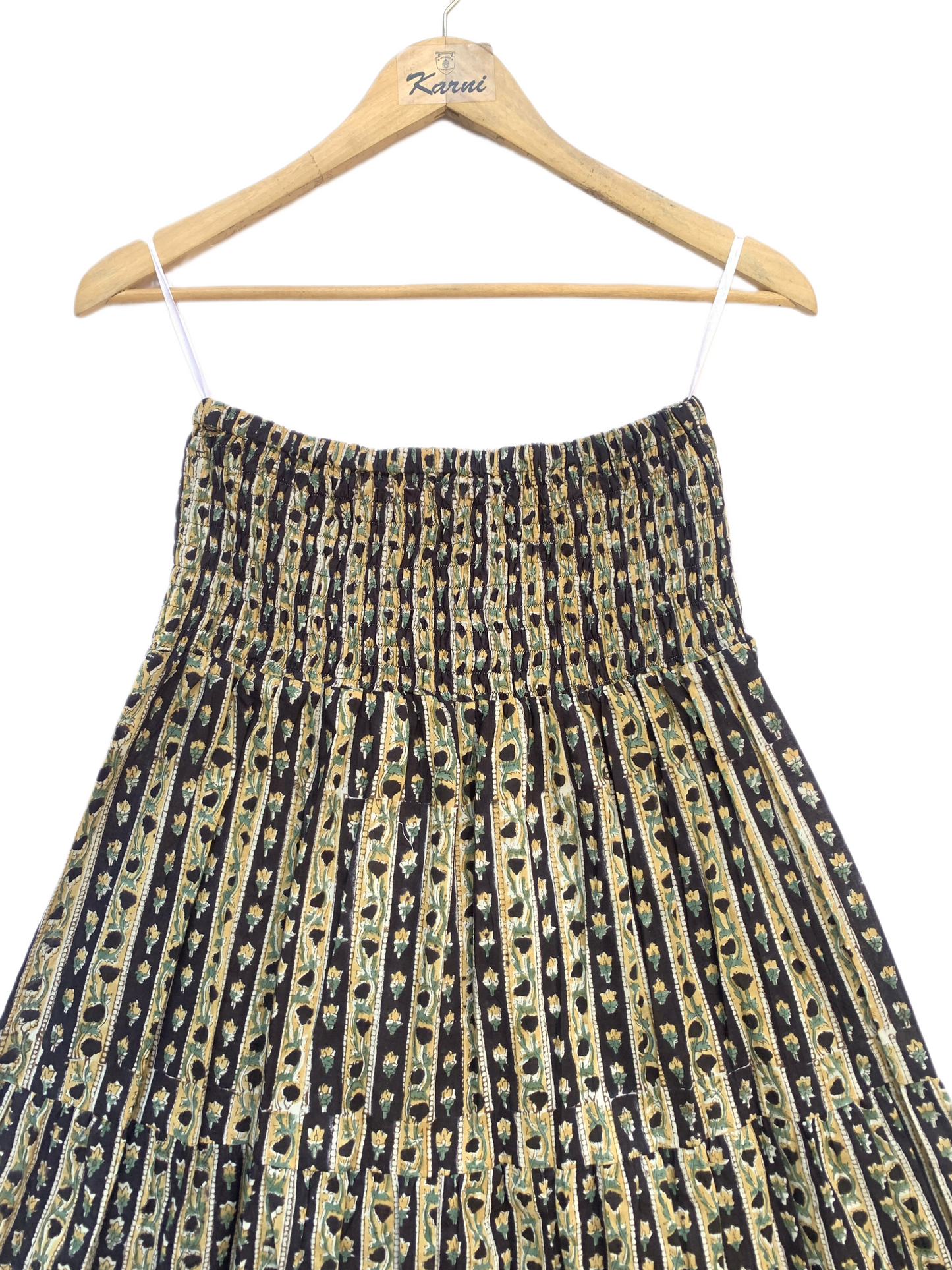 Black Gold Floral Block Print Cotton Smocked Dress – Handcrafted Boho Midi Sundress – Free Shipping