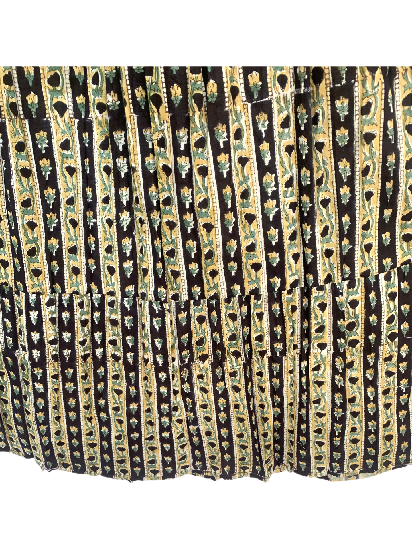 Black Gold Floral Block Print Cotton Smocked Dress – Handcrafted Boho Midi Sundress – Free Shipping