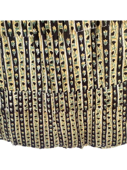 Black Gold Floral Block Print Cotton Smocked Dress – Handcrafted Boho Midi Sundress – Free Shipping