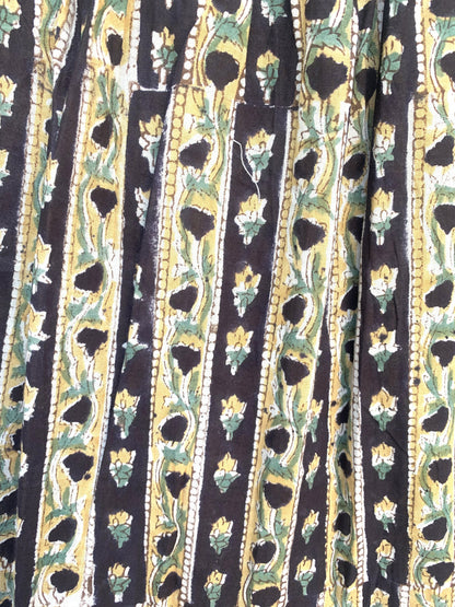 Black Gold Floral Block Print Cotton Smocked Dress – Handcrafted Boho Midi Sundress – Free Shipping