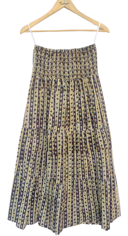 Black Gold Floral Block Print Cotton Smocked Dress – Handcrafted Boho Midi Sundress – Free Shipping