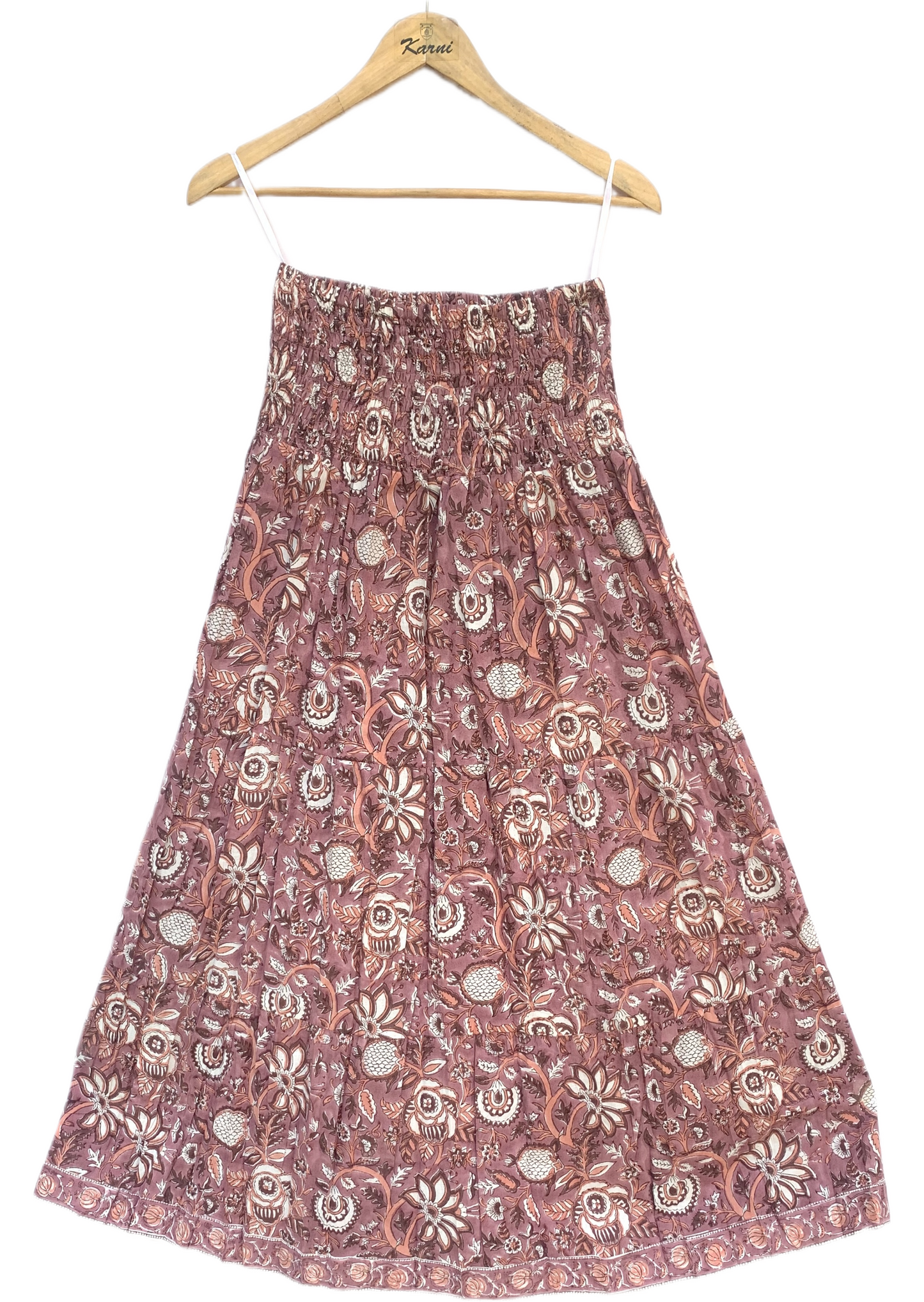 Brown Floral Block Print Cotton Smocked Dress – Handcrafted Boho Midi Sundress – Free Shipping