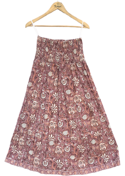 Brown Floral Block Print Cotton Smocked Dress – Handcrafted Boho Midi Sundress – Free Shipping