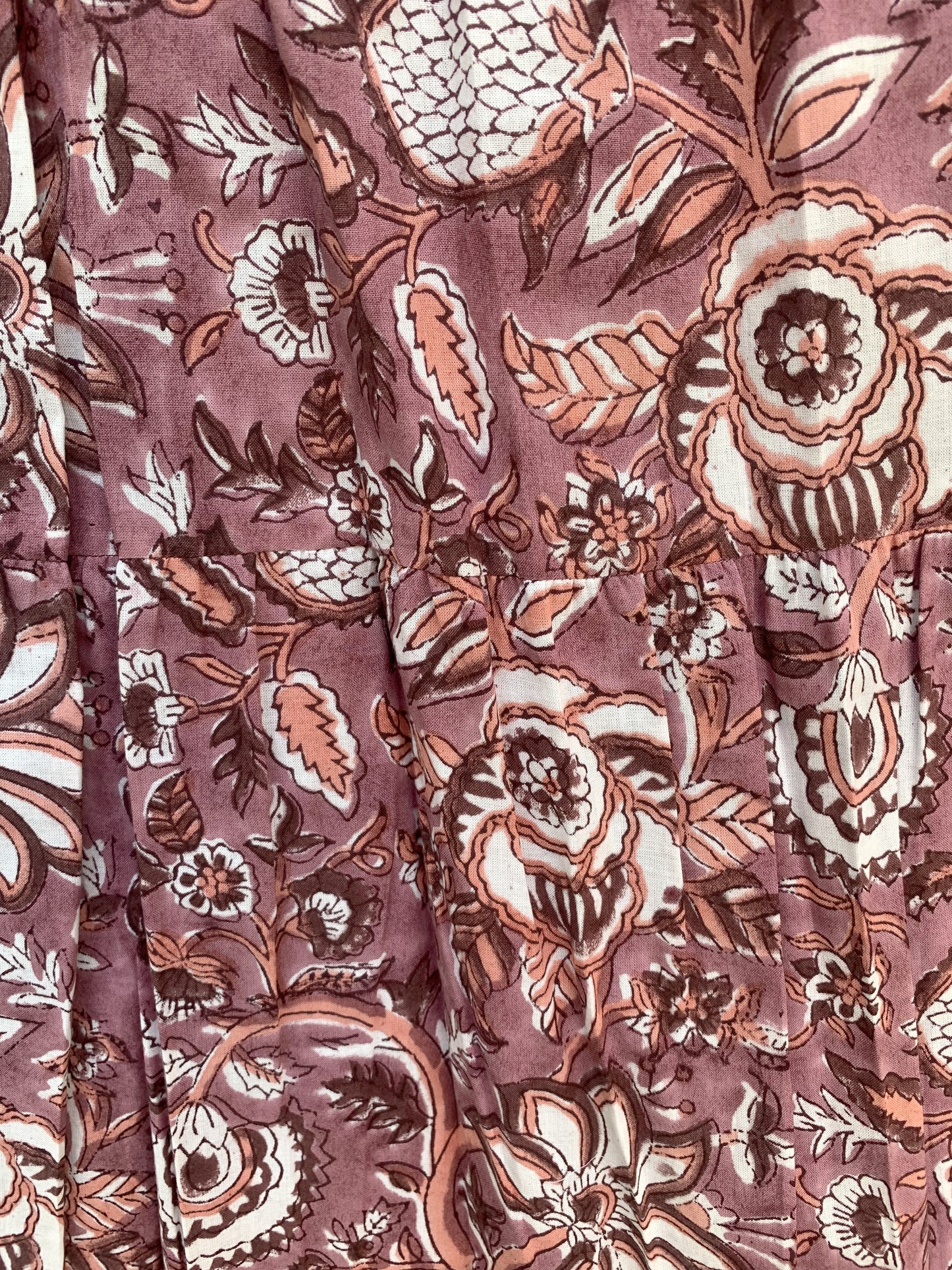 Brown Floral Block Print Cotton Smocked Dress – Handcrafted Boho Midi Sundress – Free Shipping