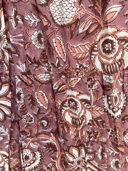 Brown Floral Block Print Cotton Smocked Dress – Handcrafted Boho Midi Sundress – Free Shipping