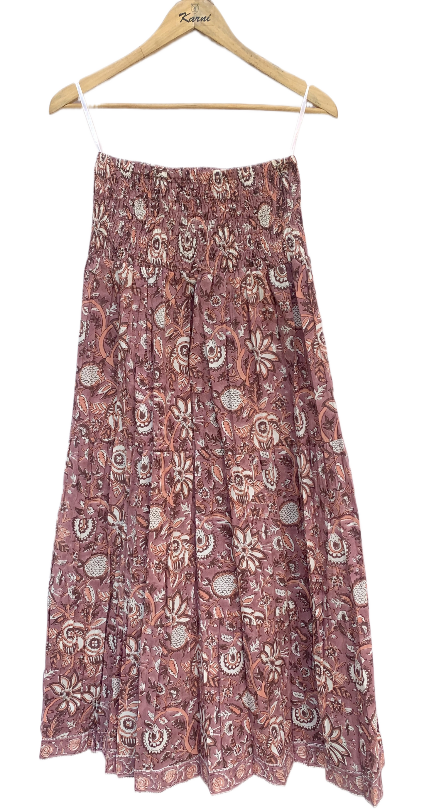 Brown Floral Block Print Cotton Smocked Dress – Handcrafted Boho Midi Sundress – Free Shipping