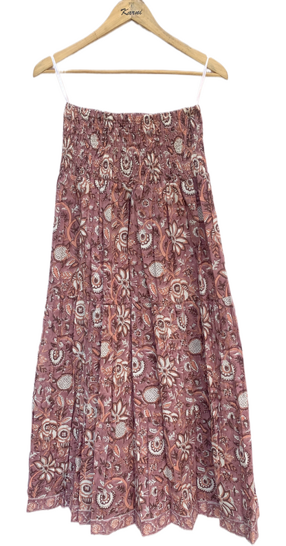 Brown Floral Block Print Cotton Smocked Dress – Handcrafted Boho Midi Sundress – Free Shipping