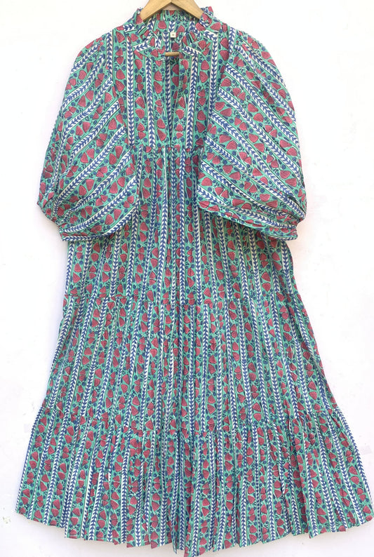 Teal Red Floral Block Print Cotton Dress – Handcrafted Boho Midi Dress with Puff Sleeves – Free Shipping
