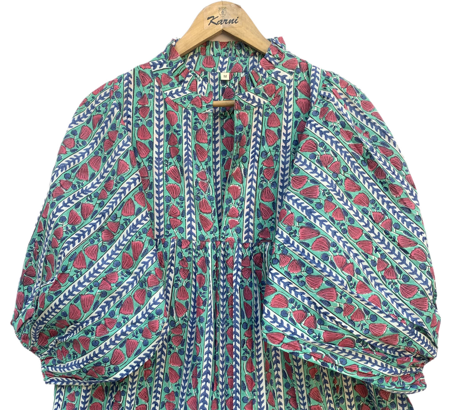 Teal Red Floral Block Print Cotton Dress – Handcrafted Boho Midi Dress with Puff Sleeves – Free Shipping