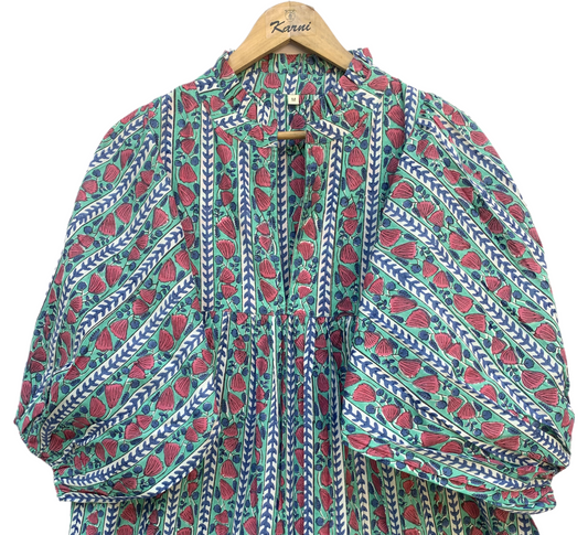 Teal Red Floral Block Print Cotton Dress – Handcrafted Boho Midi Dress with Puff Sleeves – Free Shipping