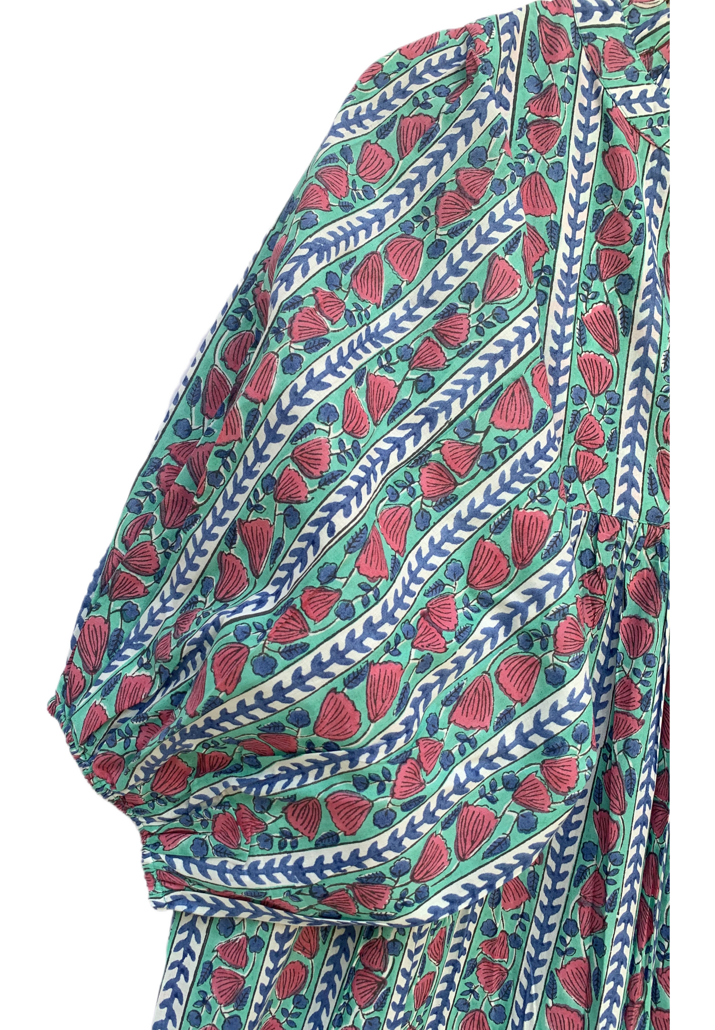 Teal Red Floral Block Print Cotton Dress – Handcrafted Boho Midi Dress with Puff Sleeves – Free Shipping