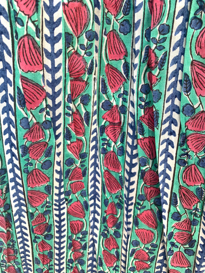 Teal Red Floral Block Print Cotton Dress – Handcrafted Boho Midi Dress with Puff Sleeves – Free Shipping