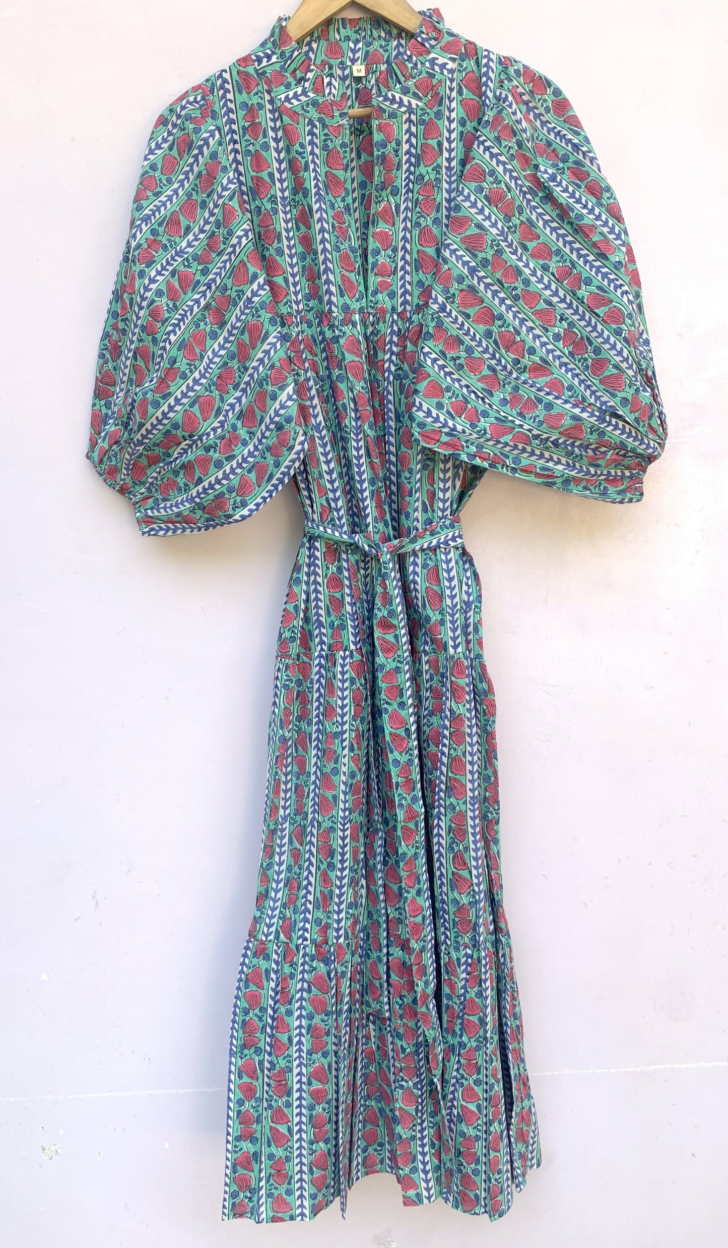 Teal Red Floral Block Print Cotton Dress – Handcrafted Boho Midi Dress with Puff Sleeves – Free Shipping