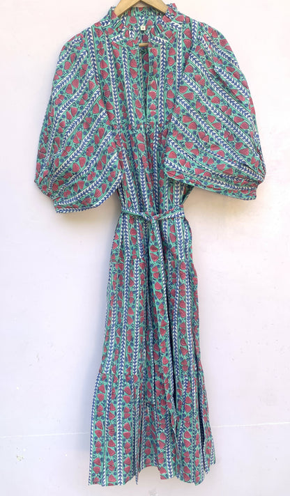 Teal Red Floral Block Print Cotton Dress – Handcrafted Boho Midi Dress with Puff Sleeves – Free Shipping