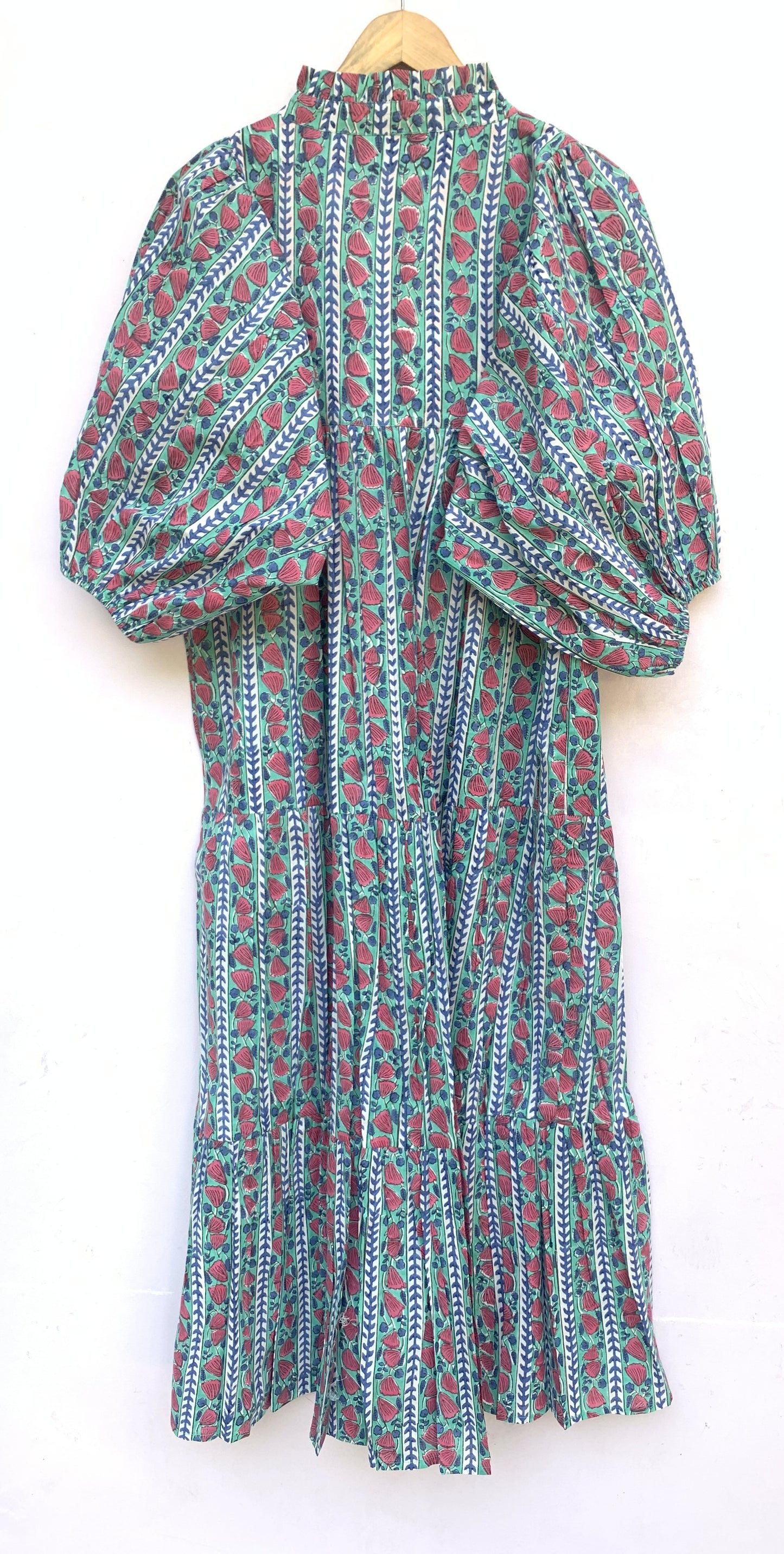 Teal Red Floral Block Print Cotton Dress – Handcrafted Boho Midi Dress with Puff Sleeves – Free Shipping