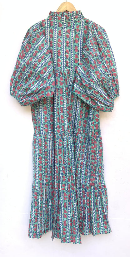 Teal Red Floral Block Print Cotton Dress – Handcrafted Boho Midi Dress with Puff Sleeves – Free Shipping