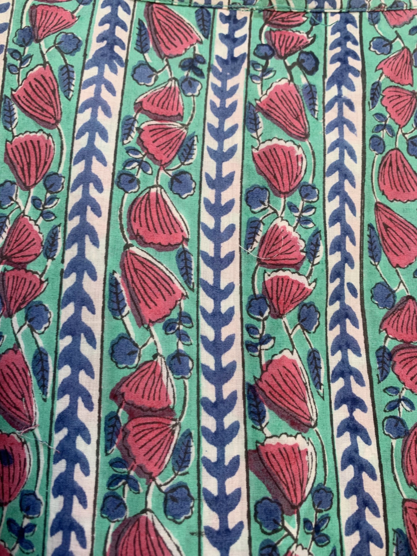 Teal Red Floral Block Print Cotton Dress – Handcrafted Boho Midi Dress with Puff Sleeves – Free Shipping