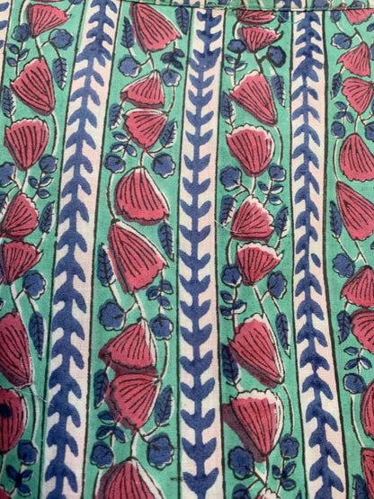 Teal Red Floral Block Print Cotton Dress – Handcrafted Boho Midi Dress with Puff Sleeves – Free Shipping