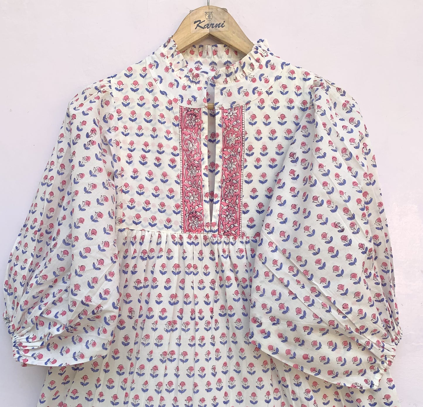 White Red Floral Block Print Cotton Dress – Handmade Boho Midi Dress with Puff Sleeves – Free Shipping