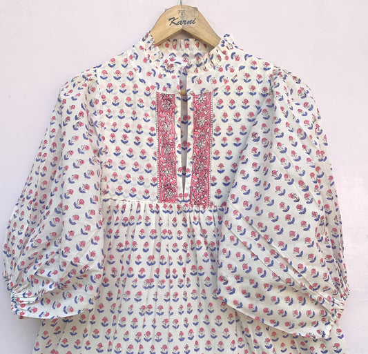 White Red Floral Block Print Cotton Dress – Handmade Boho Midi Dress with Puff Sleeves – Free Shipping