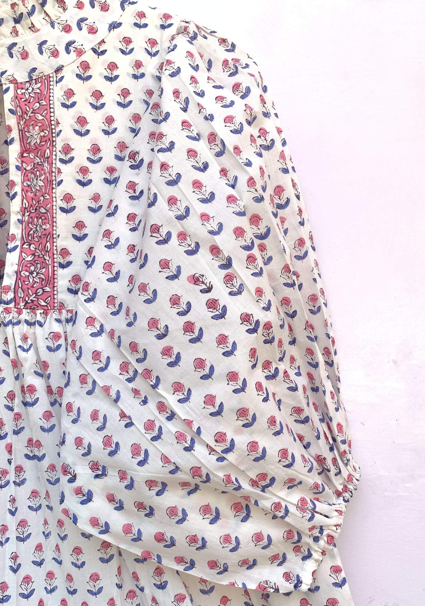 White Red Floral Block Print Cotton Dress – Handmade Boho Midi Dress with Puff Sleeves – Free Shipping