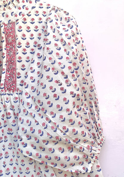 White Red Floral Block Print Cotton Dress – Handmade Boho Midi Dress with Puff Sleeves – Free Shipping