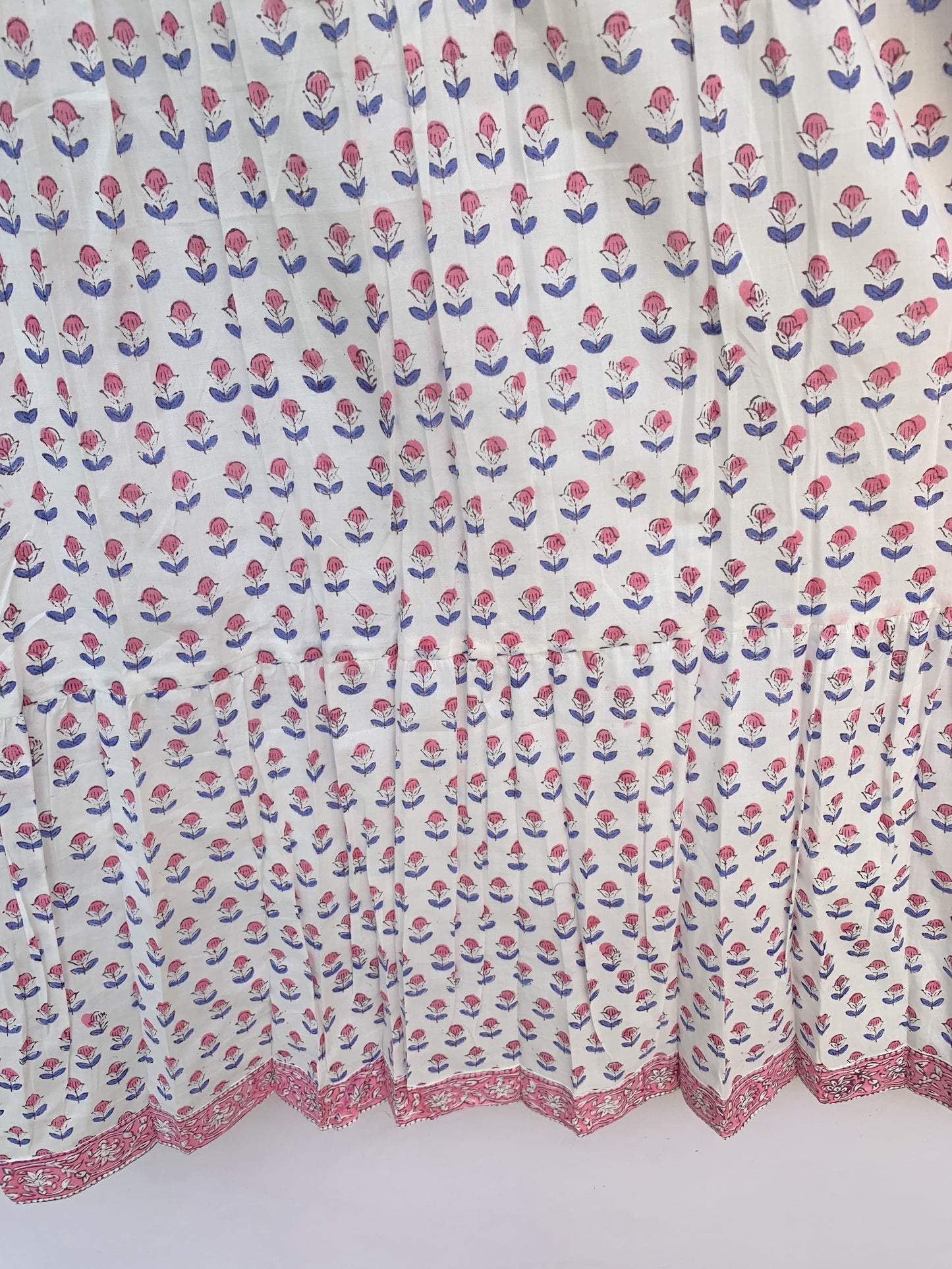 White Red Floral Block Print Cotton Dress – Handmade Boho Midi Dress with Puff Sleeves – Free Shipping