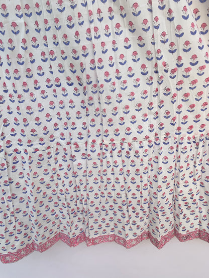 White Red Floral Block Print Cotton Dress – Handmade Boho Midi Dress with Puff Sleeves – Free Shipping