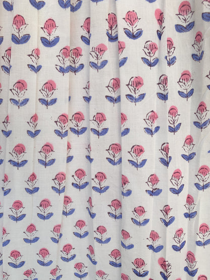 White Red Floral Block Print Cotton Dress – Handmade Boho Midi Dress with Puff Sleeves – Free Shipping